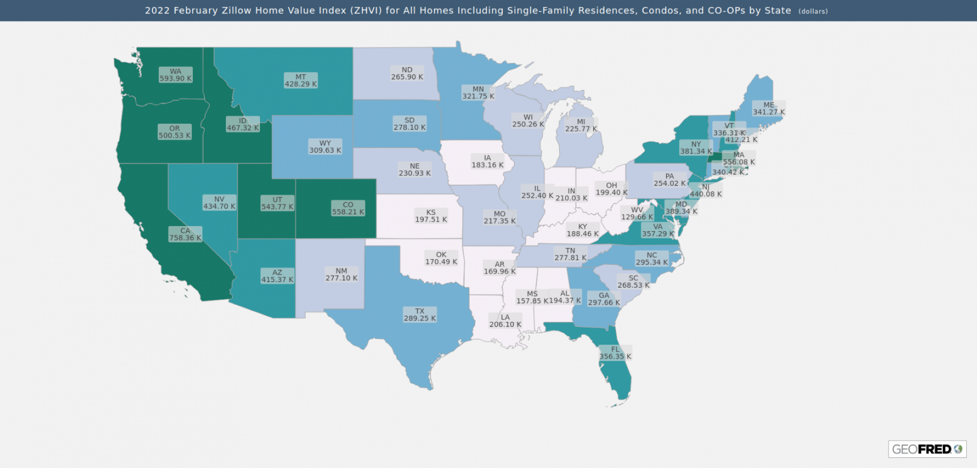 Map of 2022 February Zillow Home Value Index by State The Siburg Company