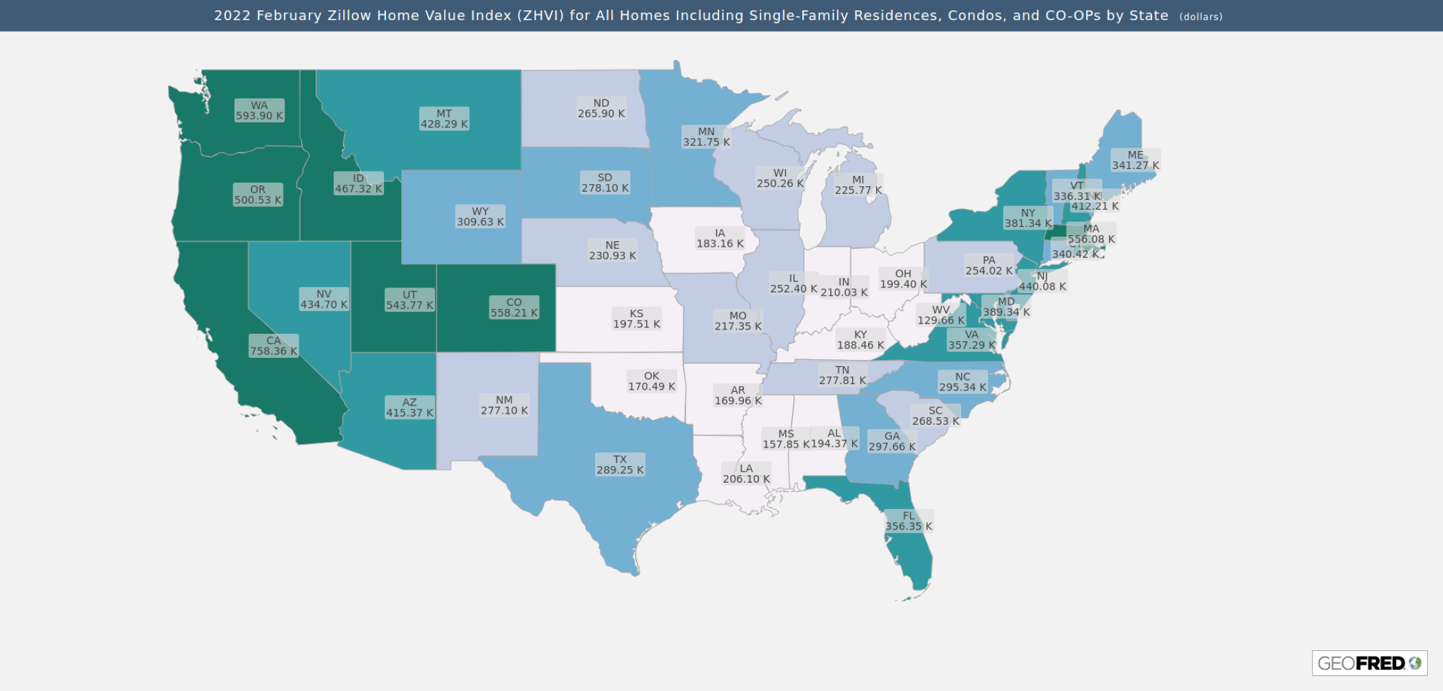 Map Of 2022 February Zillow Home Value Index By State The Siburg Company   Zillow Map Resized 